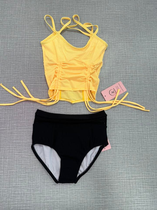 CY Yellow Cinch Cami & Black Mesh Waist Brief Set
