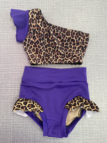 One Shoulder Neon Purple Cheetah Ruffle Brief Set