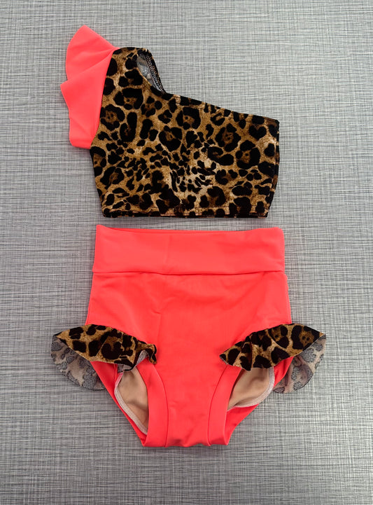 One Shoulder Neon Orange Cheetah Ruffle Brief Set