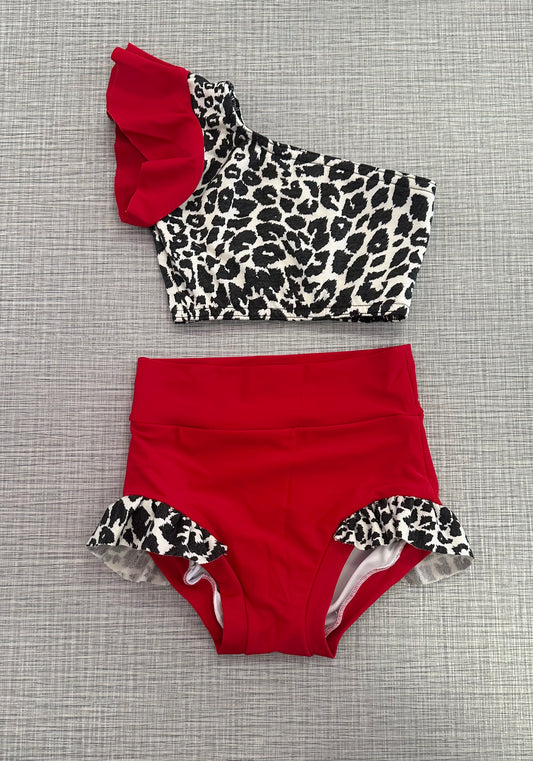 One Shoulder Red Cheetah Ruffle Brief Set