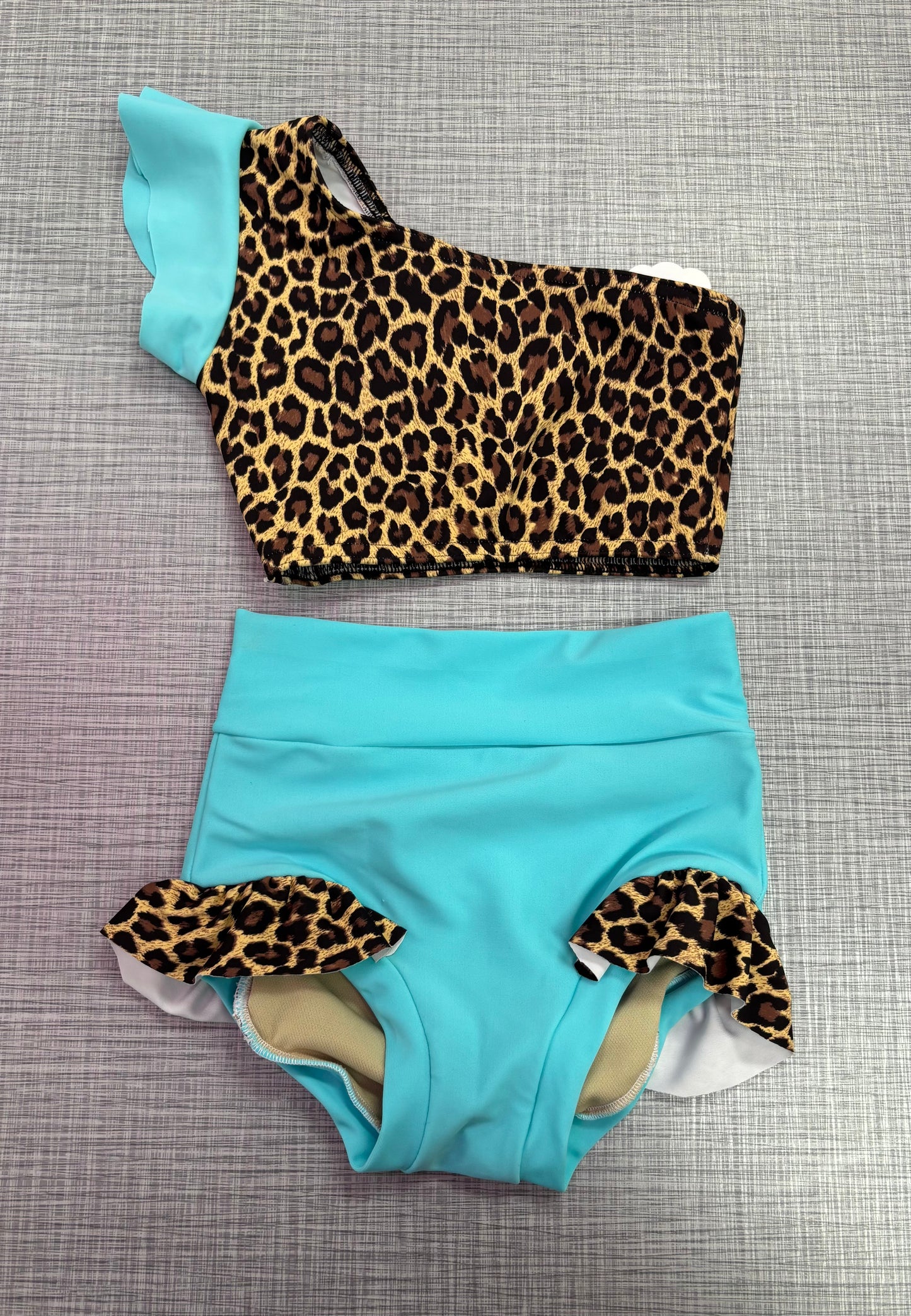 One Shoulder Teal Cheetah Ruffle Brief Set
