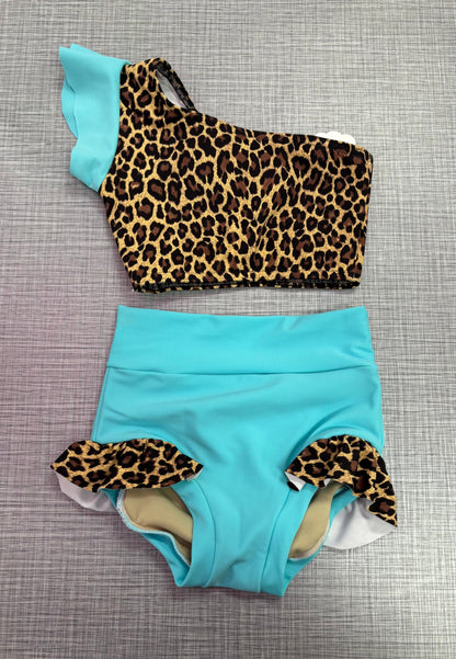 One Shoulder Teal Cheetah Ruffle Brief Set